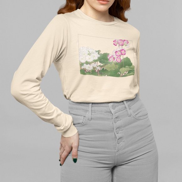 Primrose Flowers Japanese Ukyio-e Print Long Sleeve Graphic Tee T-shirt S M L XL - Picture 1 of 6